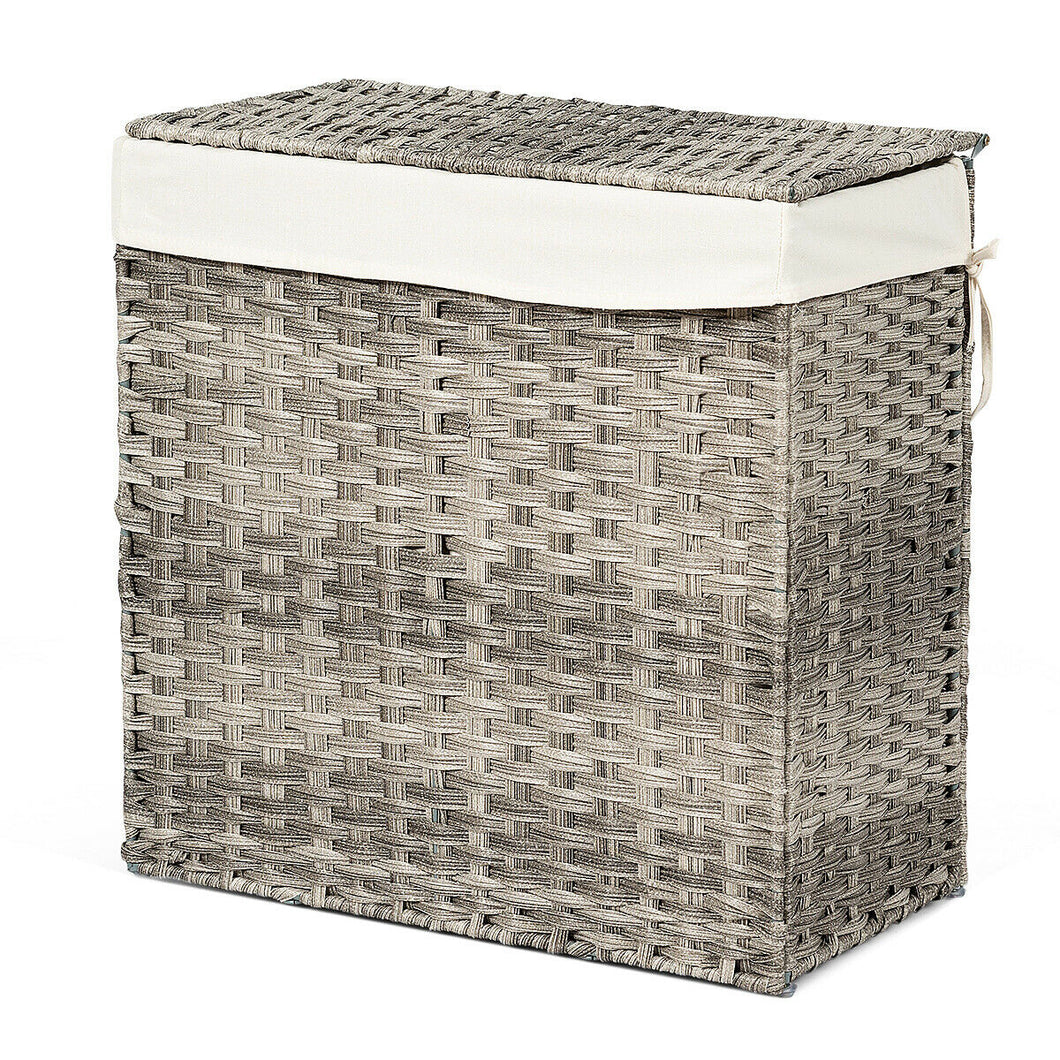 Gymax Hand-woven Laundry Basket Foldable Rattan Laundry Hamper W/Removable Bag Grey
