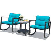 Load image into Gallery viewer, Gymax 3PCS Rattan Rocking Chair Table Set Patio Furniture Set w/ Blue Cushions

