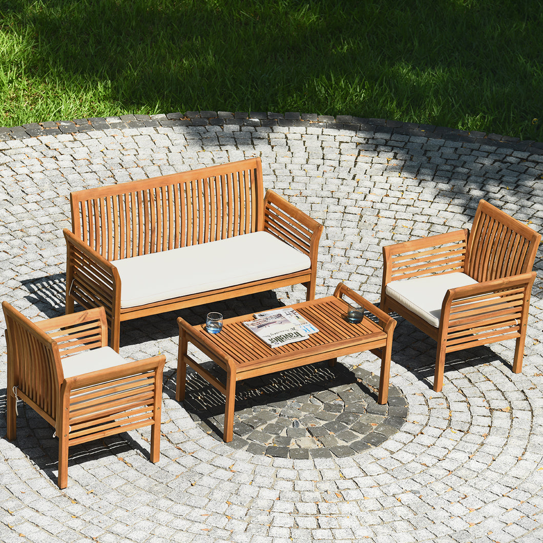 Gymax 4PCS Wooden Patio Conversation Set Outdoor Furniture Set w/ Cushion