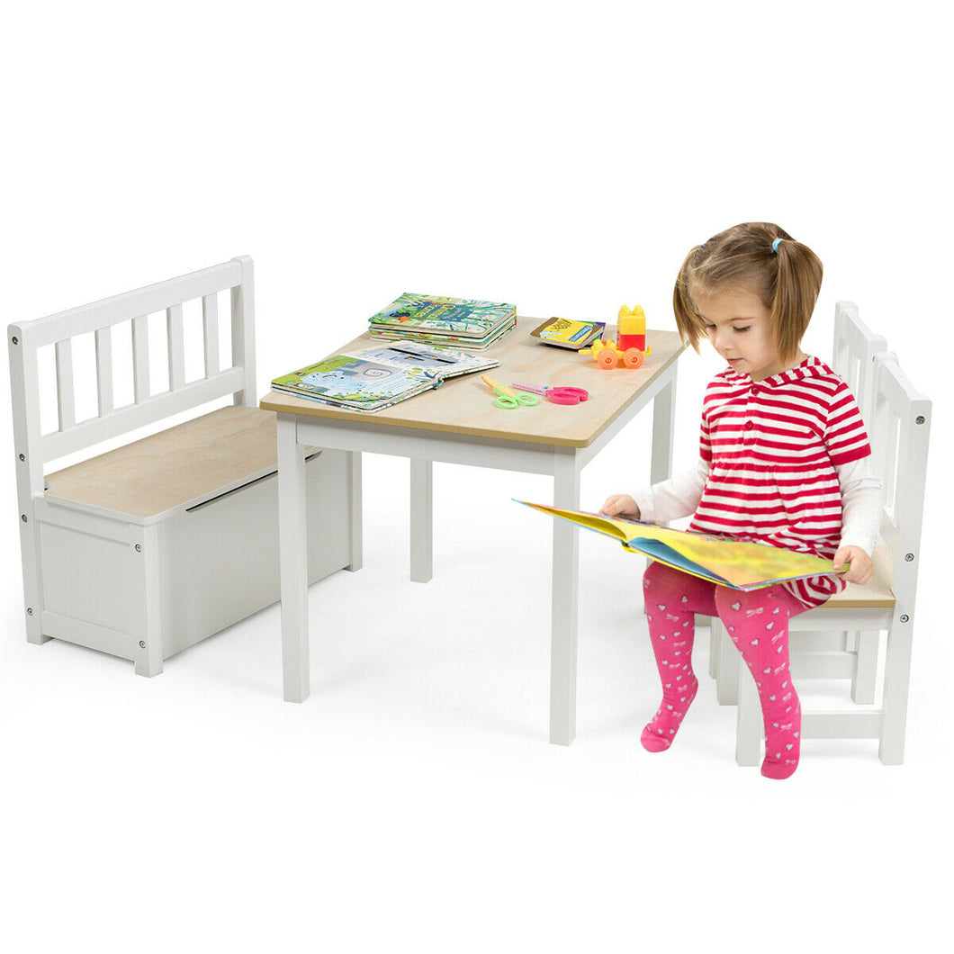 Gymax 4 PCS Kids Wood Table Chairs Set w/ Storage Stool Toddler Furniture Set Nature
