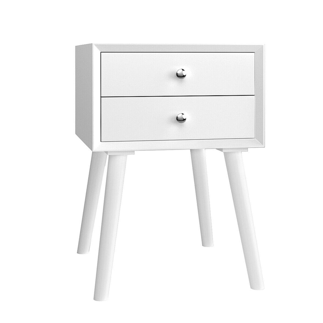Gymax Wooden Nightstand Mid-Century End Side Table Bedroom W/2 Storage Drawers White