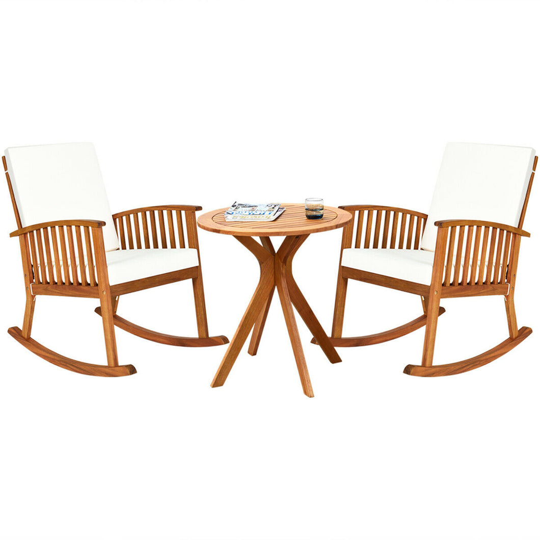 Gymax 3PCS Patio Rocking Chair Set Round Table Solid Wood Cushioned Sofa Garden Deck