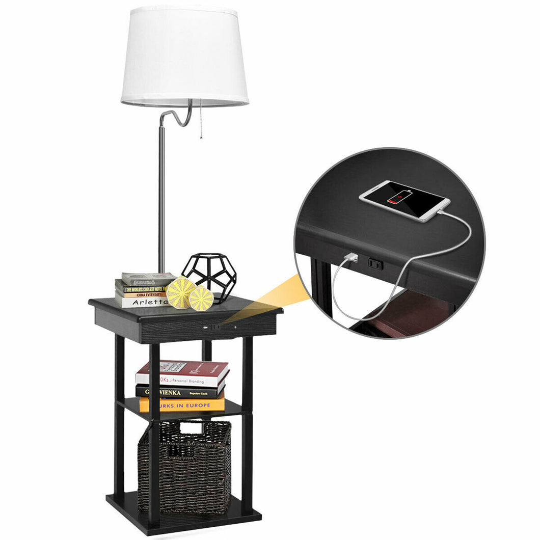 Gymax Floor Lamp End Table Modern Bedside Nightstand Desk w/ USB Charging Ports Shelves