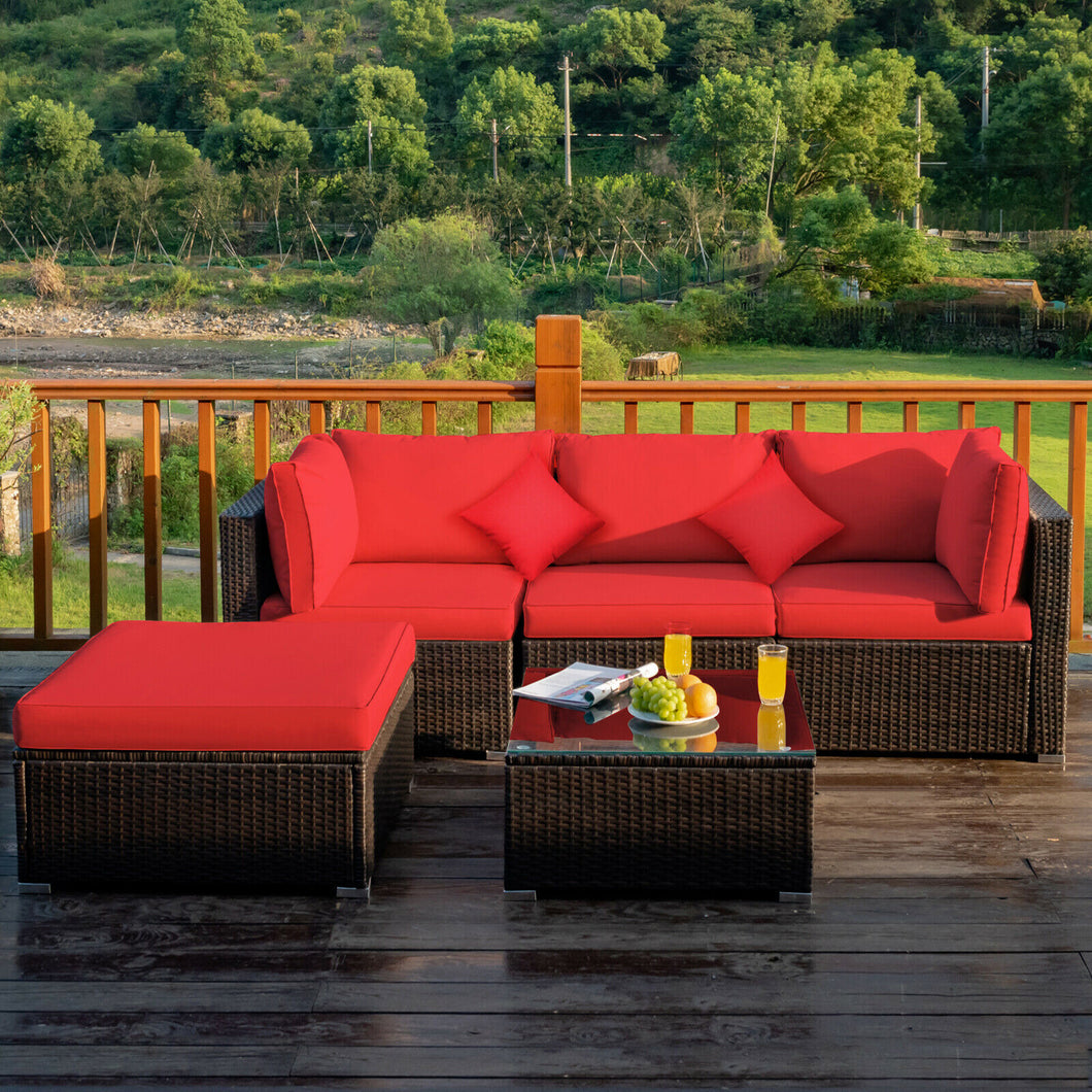 Gymax 5PCS Rattan Sectional Sofa Set Patio Furniture Set w/ Red Cushion Pillow