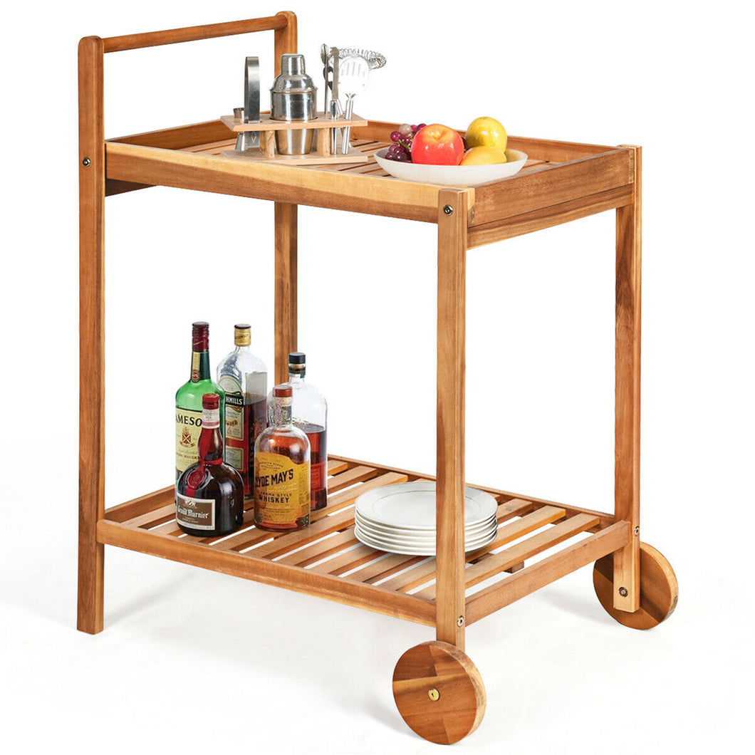 Gymax 2-Tier Acacia Rolling Kitchen Trolley Cart Dining Serving Cart Outdoor w/ Wheels