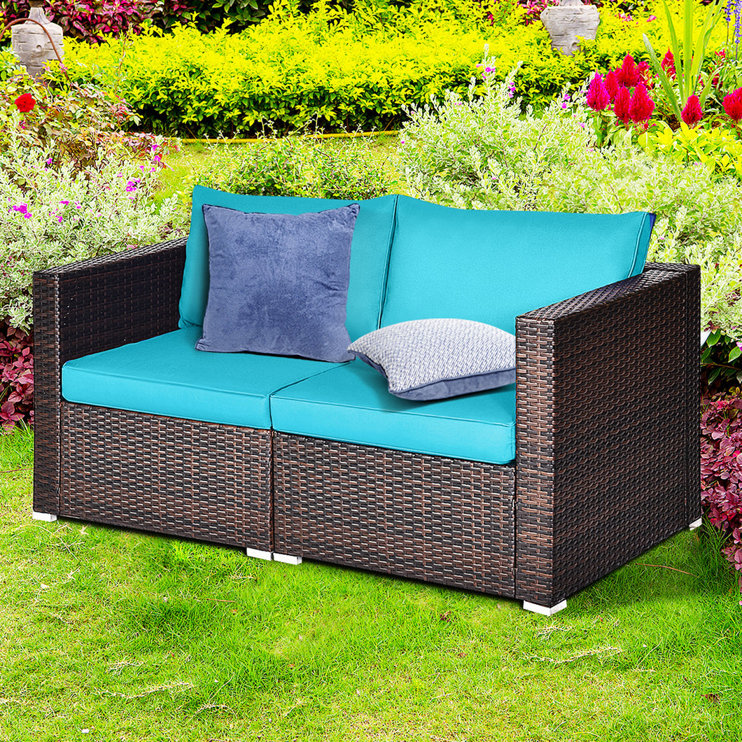Gymax 2PCS Rattan Corner Sofa Set Patio Outdoor Furniture Set w/ 4 Blue Cushions