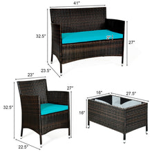 Load image into Gallery viewer, Gymax 4PCS Patio Rattan Conversation Furniture Set Outdoor w/ Turquoise Cushion
