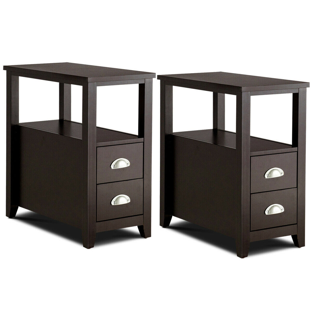 Gymax Set of 2 End Bedside Table Rectangular Nightstand W/ 2 Drawers & Shelf Espresso