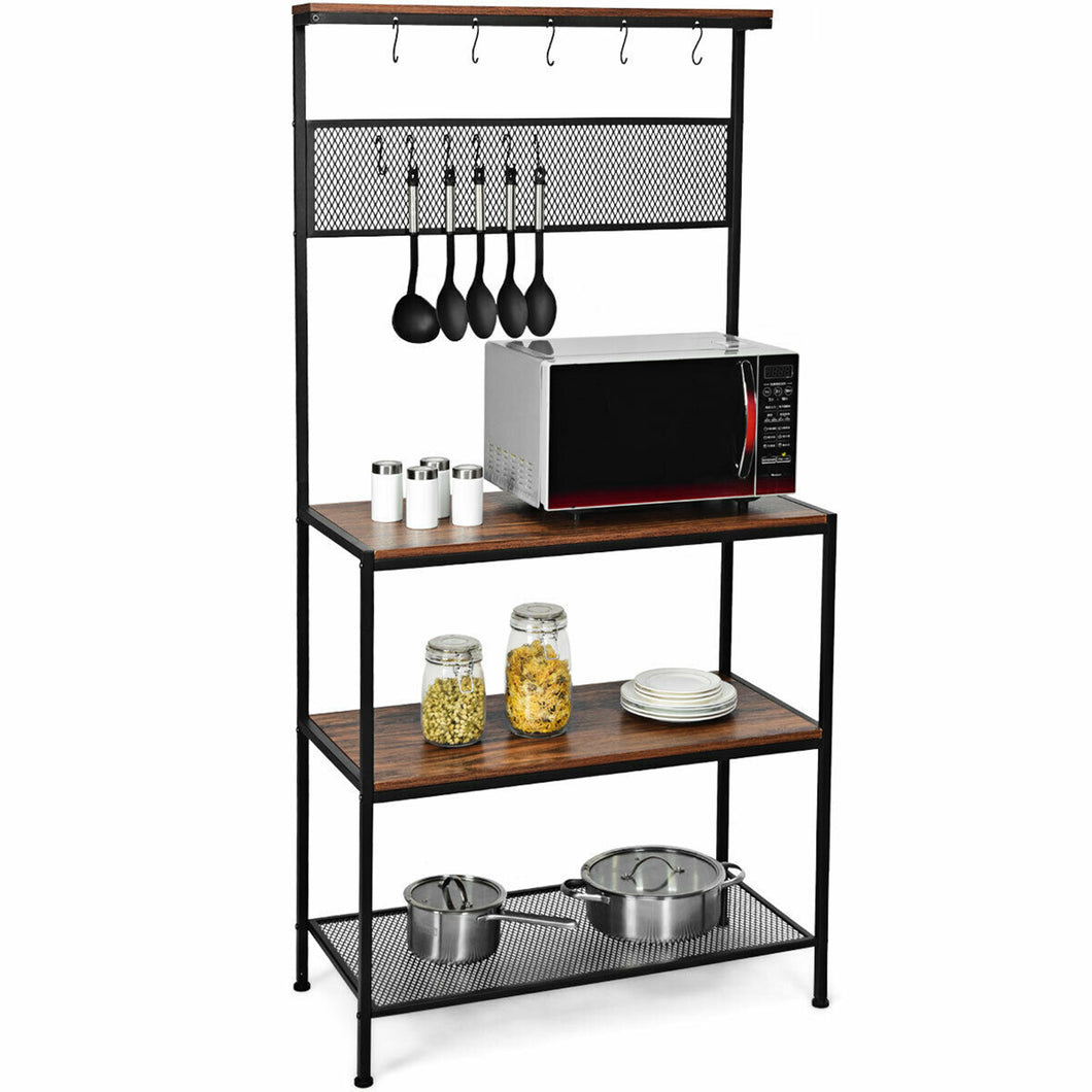 Gymax 4-Tier Kitchen Bakers Rack Microwave Oven Stand Industrial w/Hooks & Mesh Panel