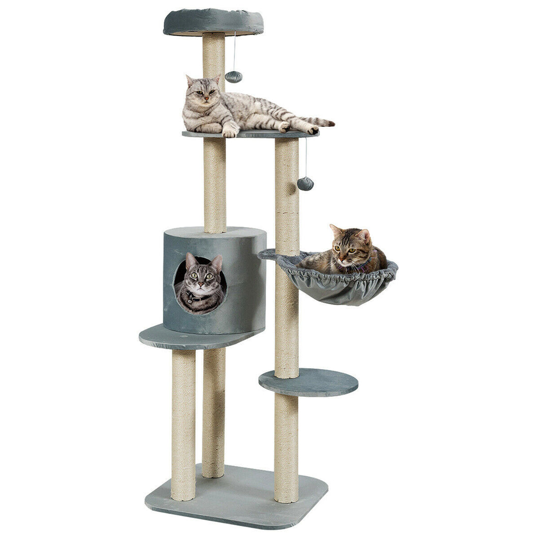 Gymax 56.5'' Multi-Level Cat Tree Kitten Climbing Tower w/Sisal Post & Spacious Perches