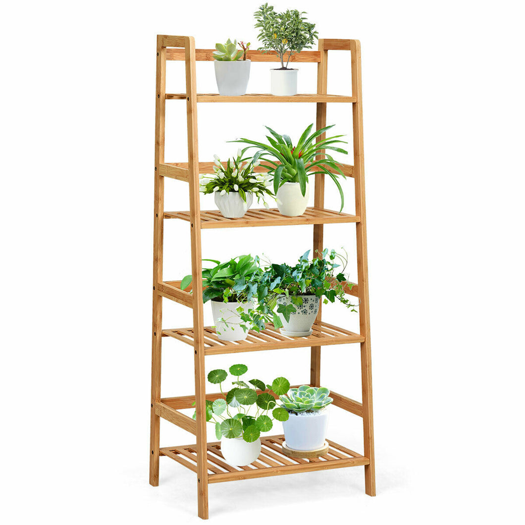 Gymax 4-Tier Bamboo Ladder Shelf Multipurpose Plant Display Stand Storage Bookshelf
