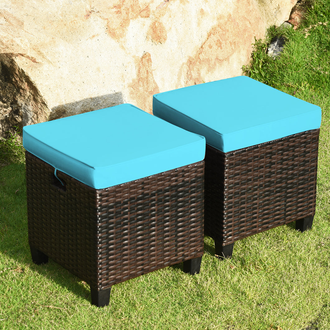 Gymax Set of 2 Patio Rattan Ottoman Footrest Garden Outdoor w/ Turquoise Cushion