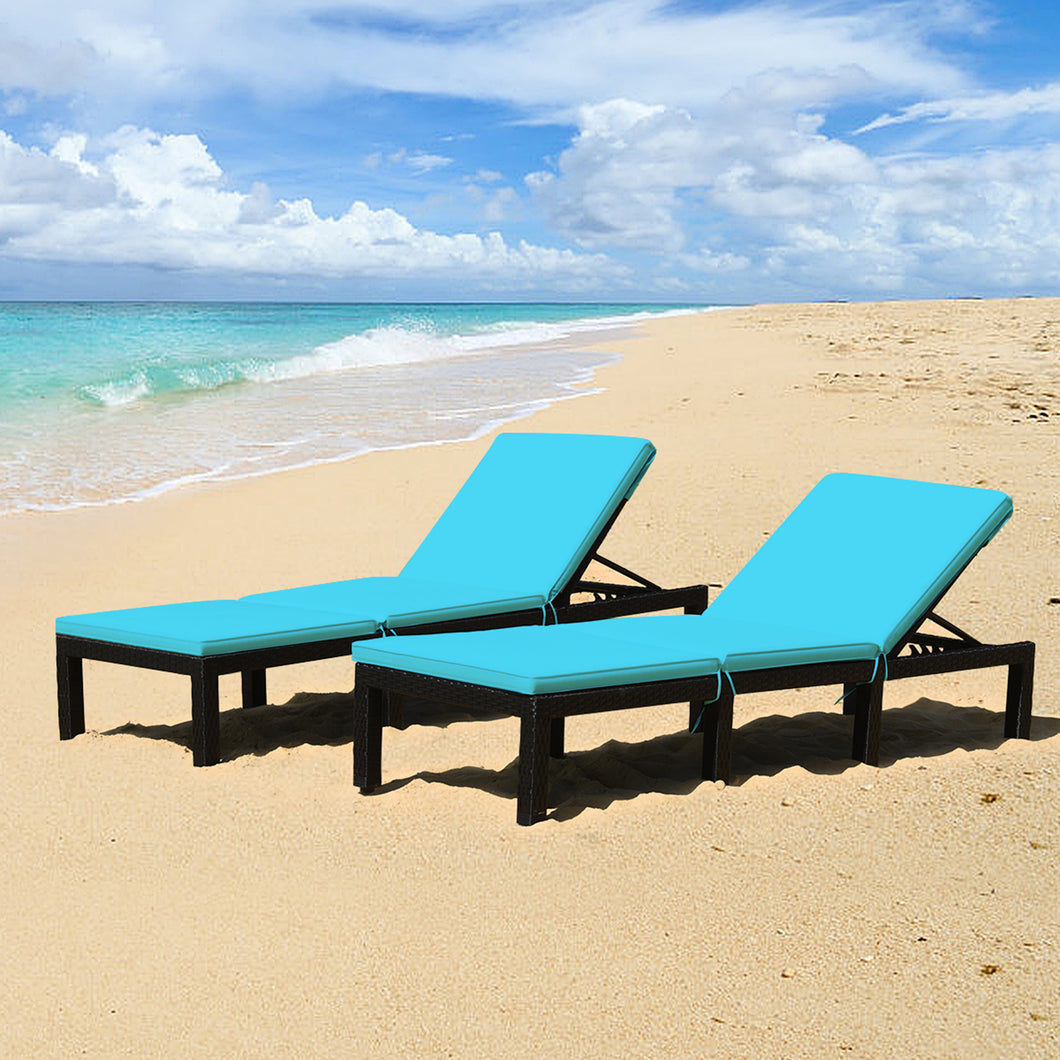 Gymax 2PCS Adjustable Rattan Patio Chaise Lounge Chair Couch w/ Turquoise Cushion