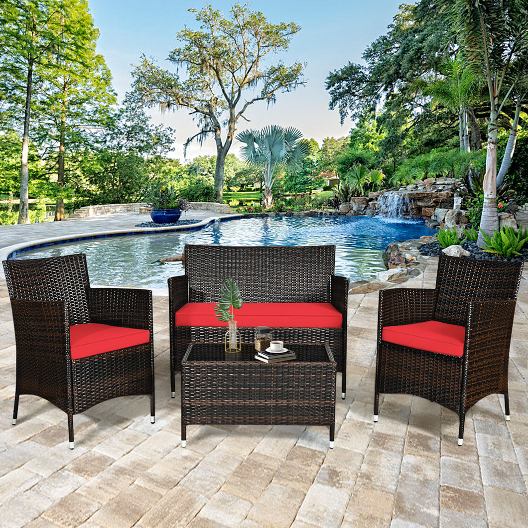 Gymax 4 Pieces Patio Rattan Conversation Furniture Set Outdoor w/ Brown & Red Cushion