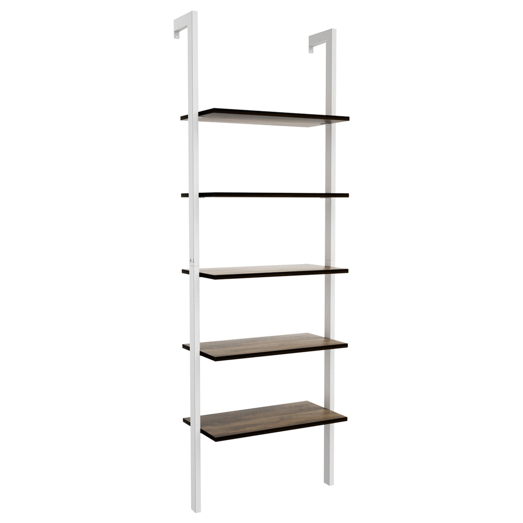 Gymax 5-Tier Ladder Shelf Wood Wall Mounted Display Bookshelf Metal Frame Brown & White