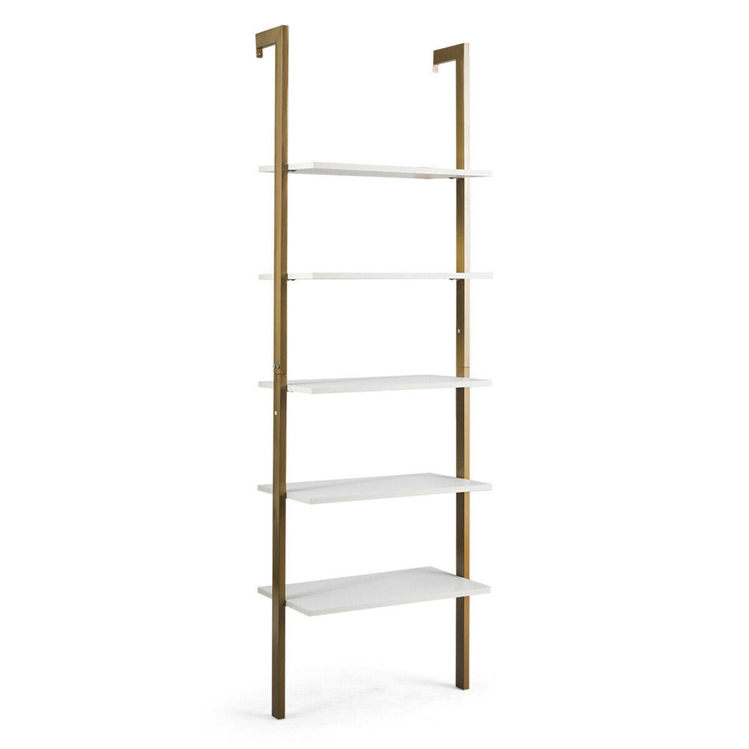 Gymax 5-Tier Ladder Shelf Wood Wall Mounted Display Bookshelf Metal Frame Bronze