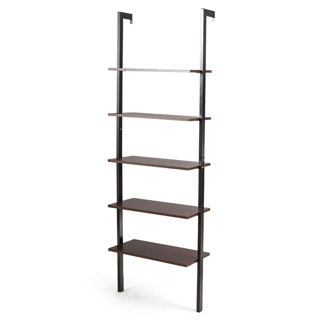 Gymax 5-Tier Ladder Shelf Wood Wall Mounted Display Bookshelf Metal Frame Brown & Black