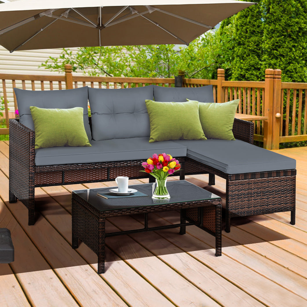 Gymax 3PCS Outdoor Rattan Furniture Set Patio Couch Sofa Set w/ Cushion