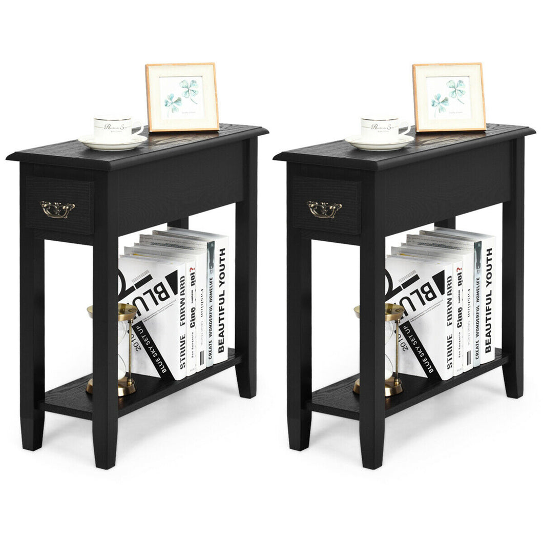 Gymax Set of 2 Nightstand 2 Tier End Bedside Sofa Side Table w/Drawer &Shelf Black