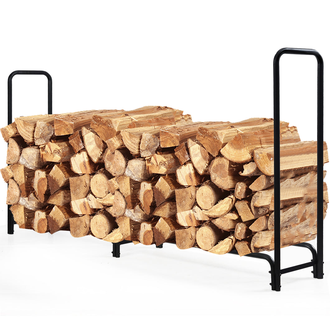 Gymax 8 Feet Outdoor Steel Firewood Log Rack Wood Storage Holder for Fireplace Black