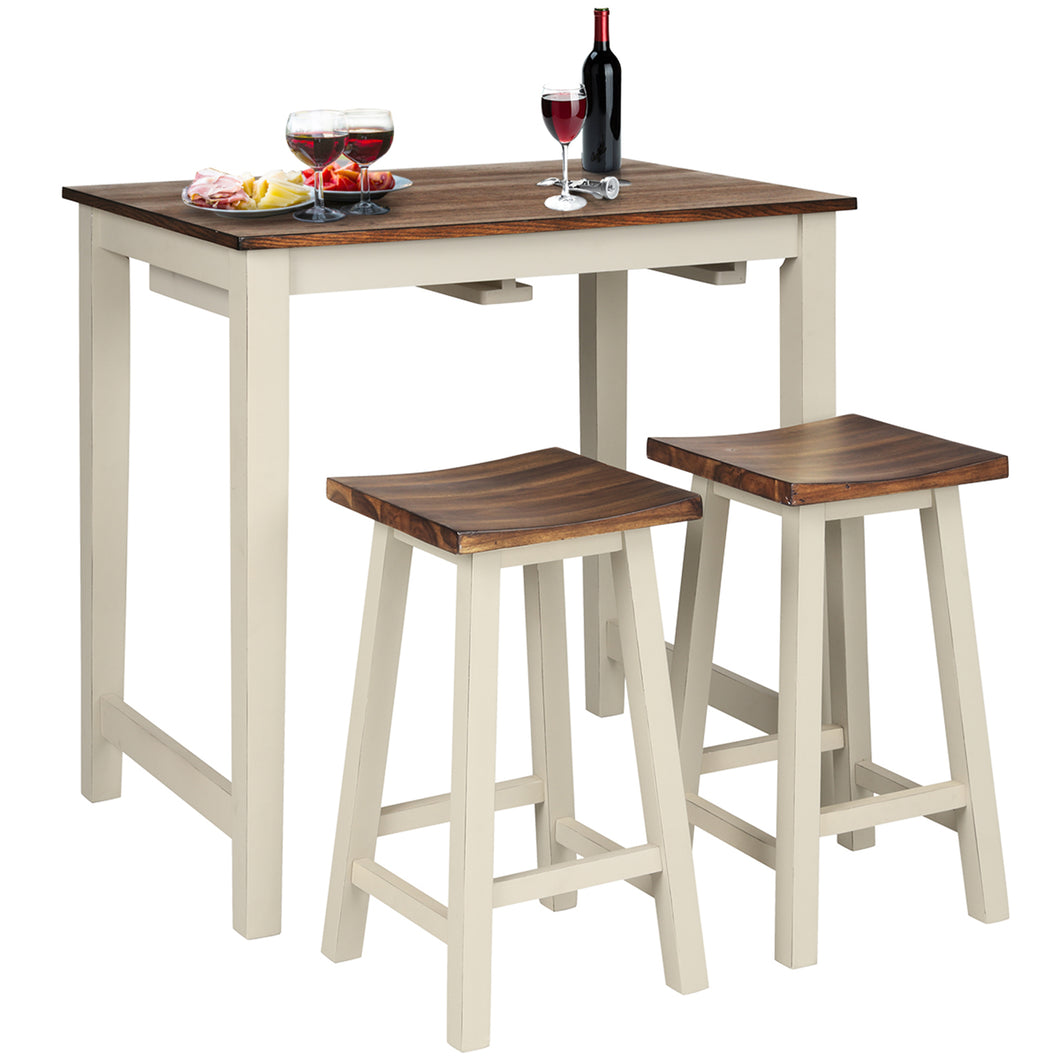 Gymax 3-Piece Bar Table Set Counter Pub Table& 2 Saddle Bar Stools w/ Hanging Design