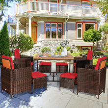 Load image into Gallery viewer, Gymax 9PCS Rattan Wicker Patio Dining Set Outdoor Furniture Set w/ Red Cushion
