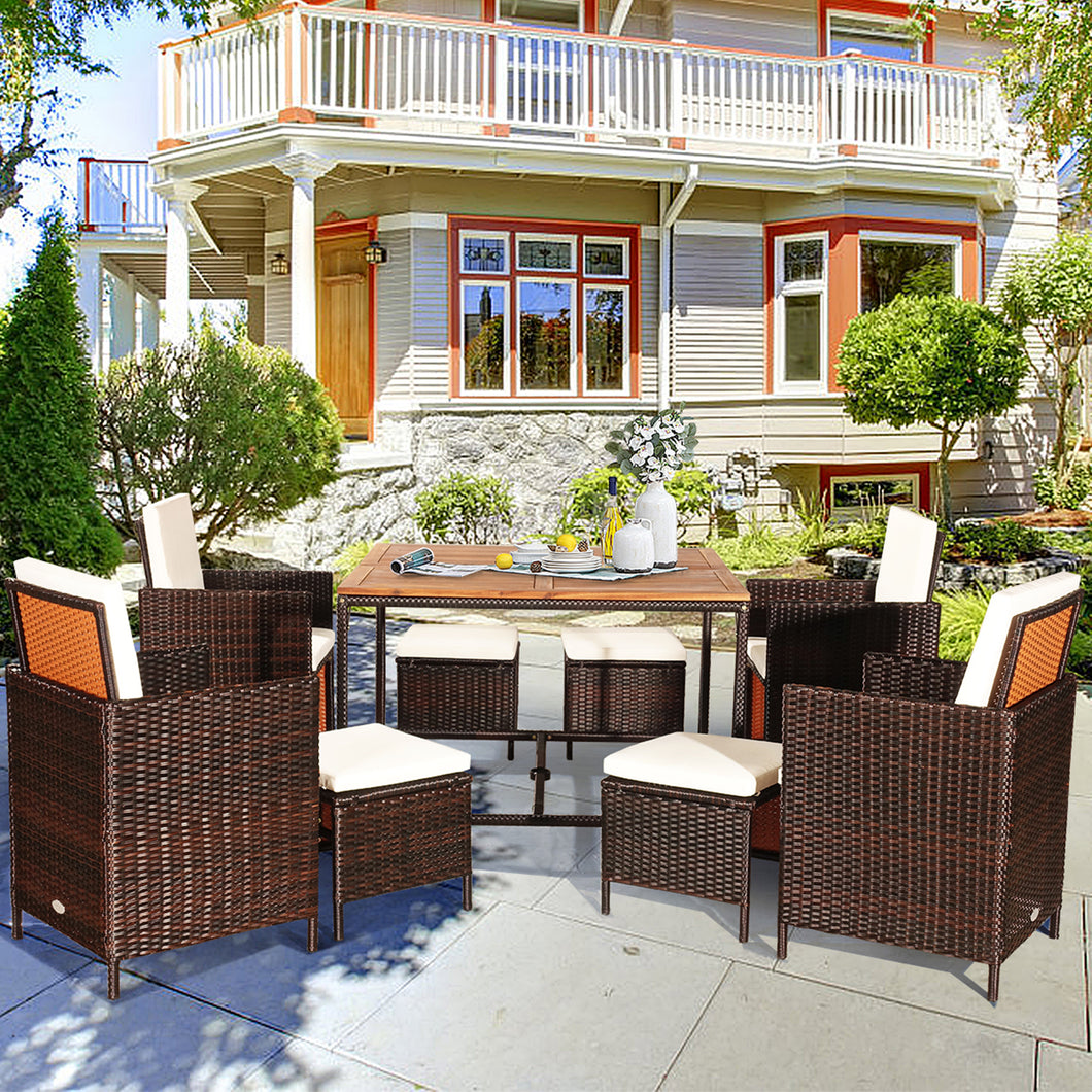 Gymax 9PCS Rattan Wicker Patio Dining Set Outdoor Furniture Set w/ White Cushion