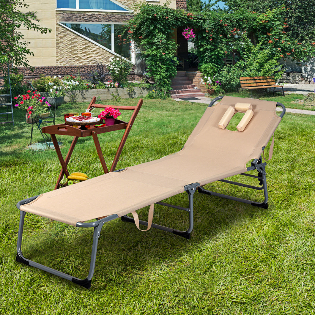 Gymax Folding Chaise Lounge Chair Bed Adjustable Patio Beach Camping Recliner Beige