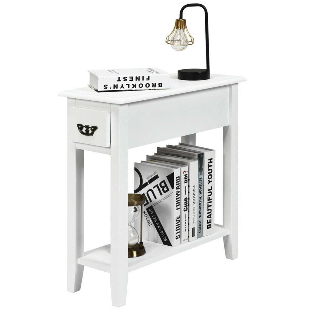 Gymax 2 Tier End Bedside Sofa Side Table Narrow Nightstand w/Drawer &Shelf White