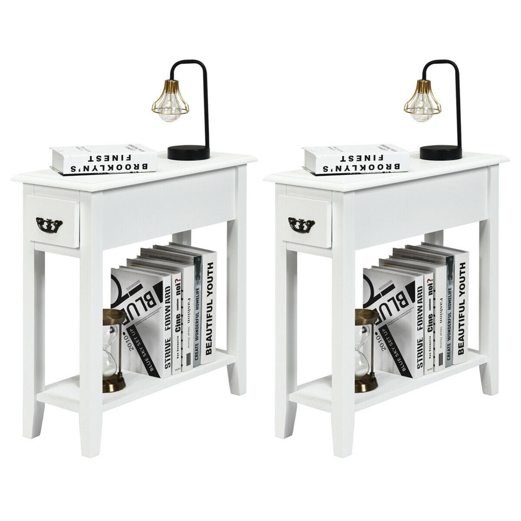 Gymax Set of 2 Nightstand 2 Tier End Bedside Sofa Side Table w/Drawer &Shelf White
