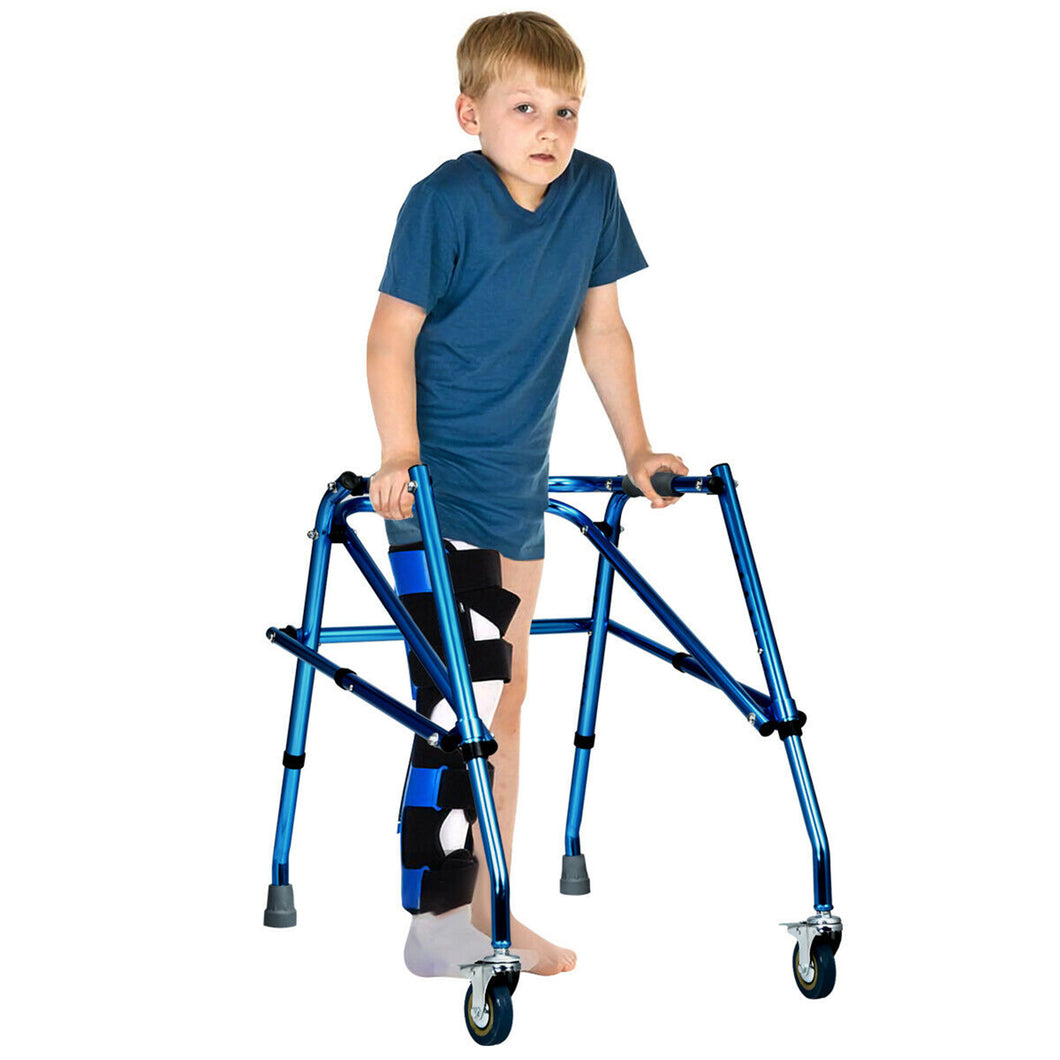 Gymax Folding Adjustable Walker Small Aluminum Walker w/ Wheel for Seniors & Children