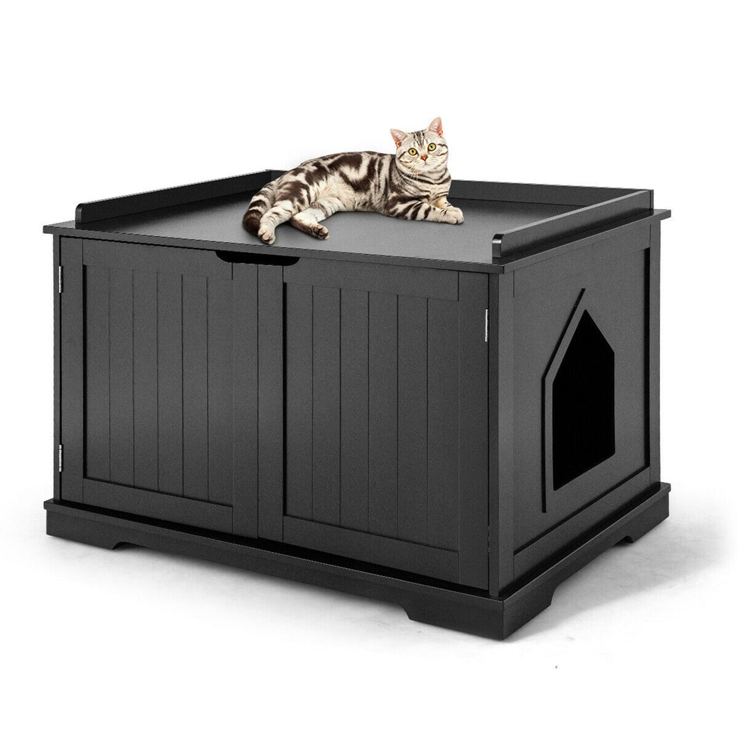 Gymax Cat Litter Box Wooden Enclosure Pet House Sidetable Washroom Storage Bench Black