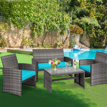Load image into Gallery viewer, Gymax 4PCS Patio Outdoor Rattan Conversation Furniture Set w/ Turquoise Cushion
