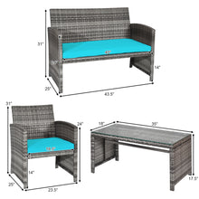 Load image into Gallery viewer, Gymax 4PCS Patio Outdoor Rattan Conversation Furniture Set w/ Turquoise Cushion
