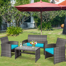 Load image into Gallery viewer, Gymax 4PCS Patio Outdoor Rattan Conversation Furniture Set w/ Turquoise Cushion
