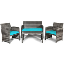 Load image into Gallery viewer, Gymax 4PCS Patio Outdoor Rattan Conversation Furniture Set w/ Turquoise Cushion
