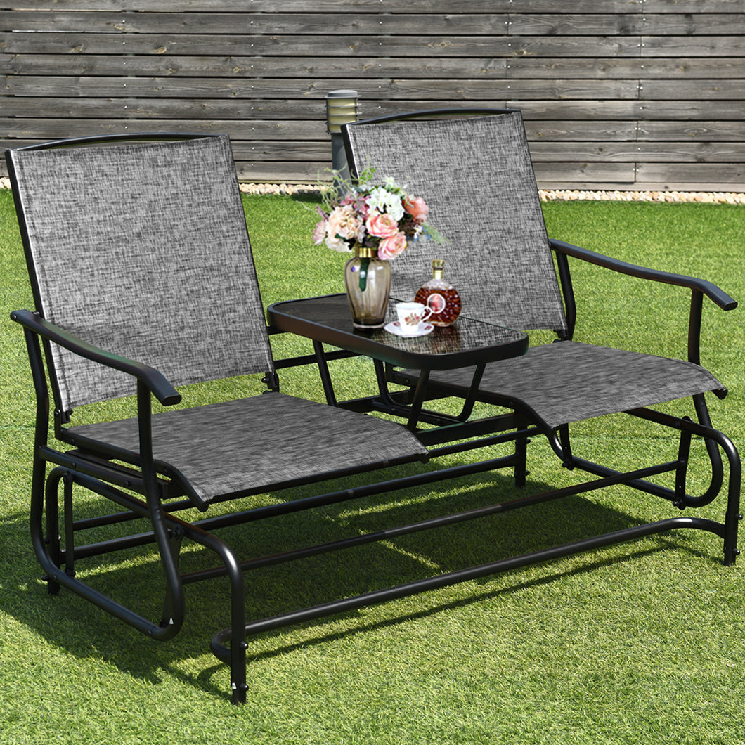 Gymax Patio 2-Person Glider Rocking Char Loveseat Garden w/ Tempered Glass Table Grey