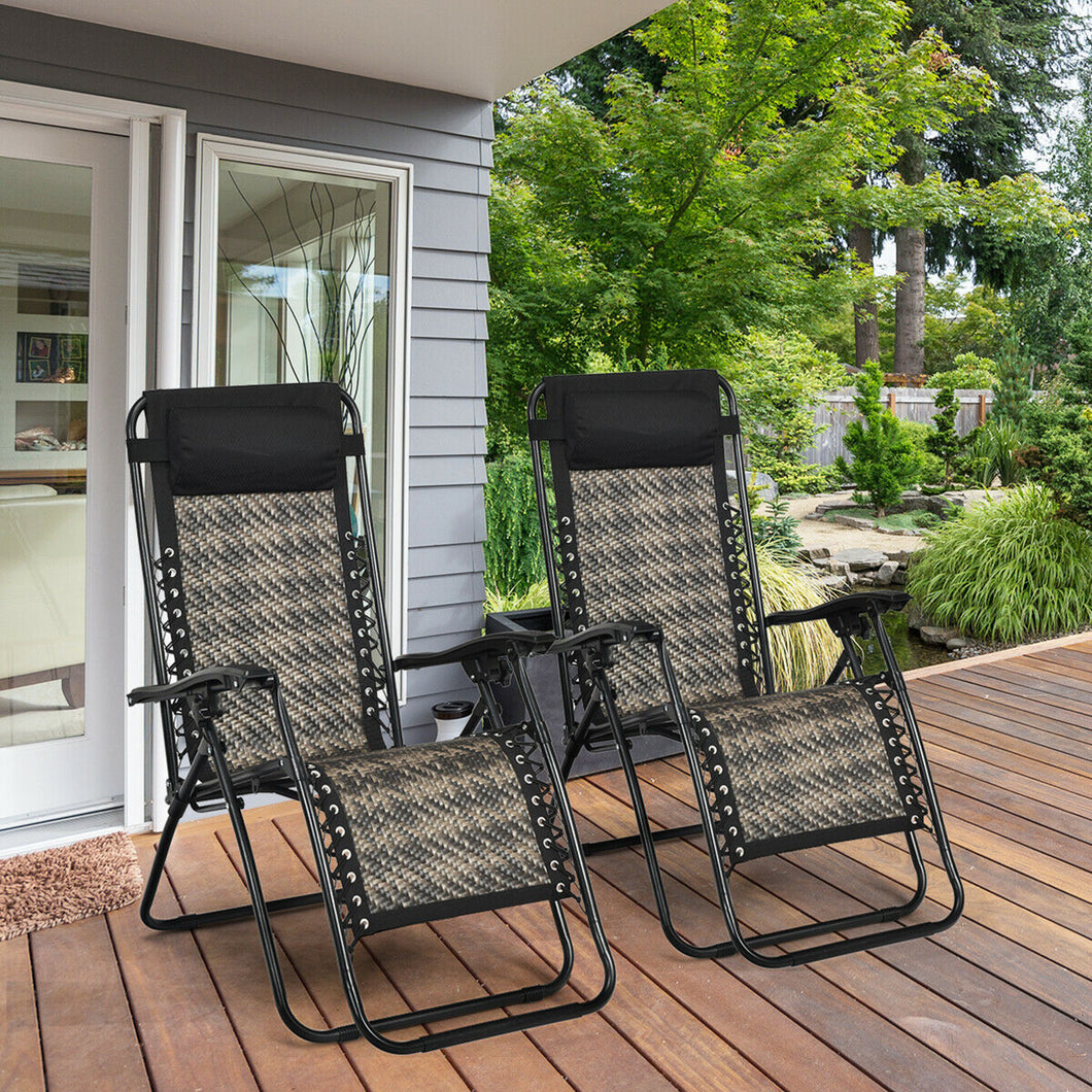 Gymax Set of 2 Folding Rattan Patio Zero Gravity Lounge Chair Recliner w/ Headrest