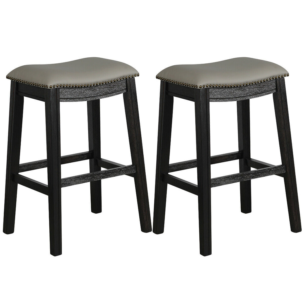 Gymax Set of 2 Saddle Bar Stool 29'' Nailhead Kitchen Counter Chair Leather Seat Black