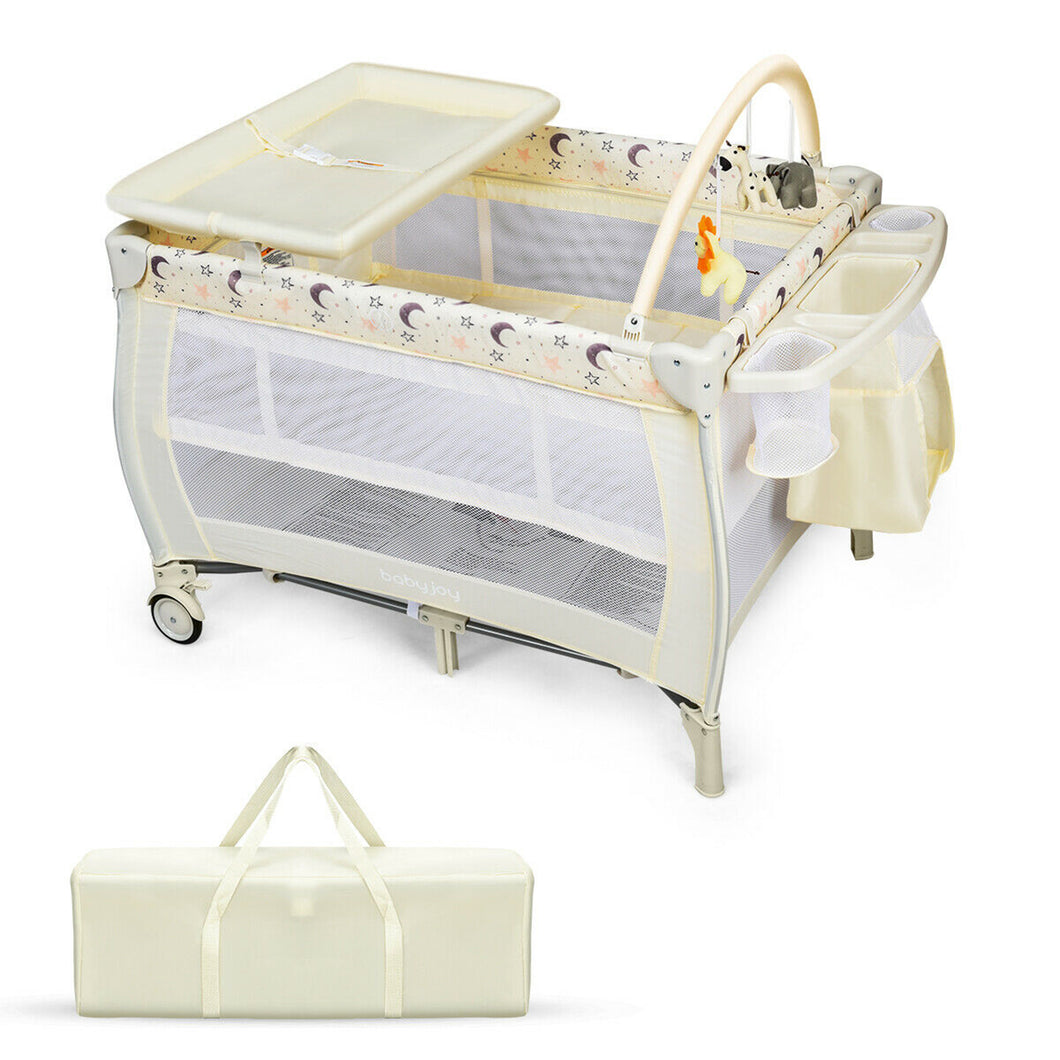 Gymax Portable Foldable Baby Playard Playpen Nursery Center w/ Changing Station Beige