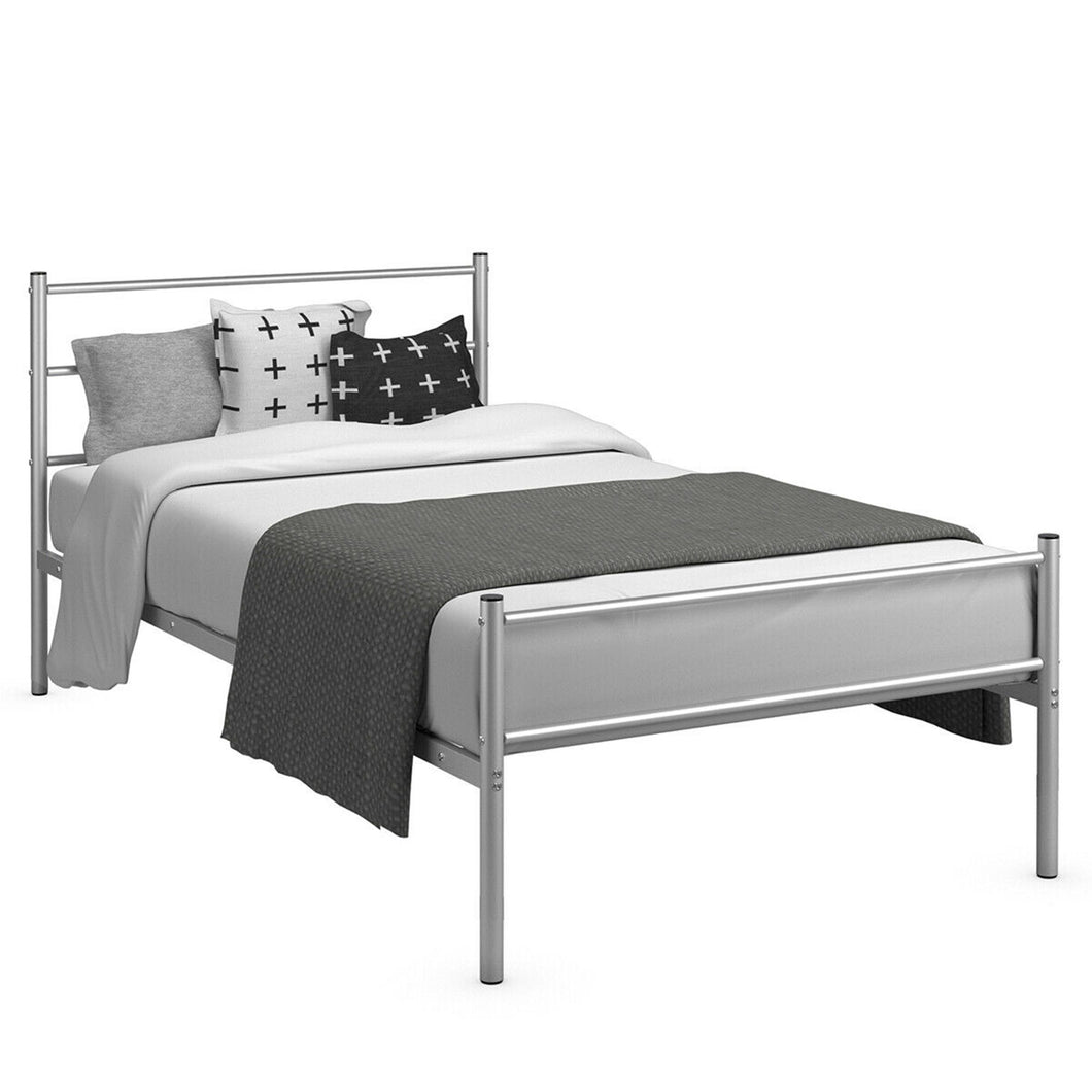 Gymax Twin Size Metal Bed Frame Platform Mattress Foundation W/ Headboard Silver