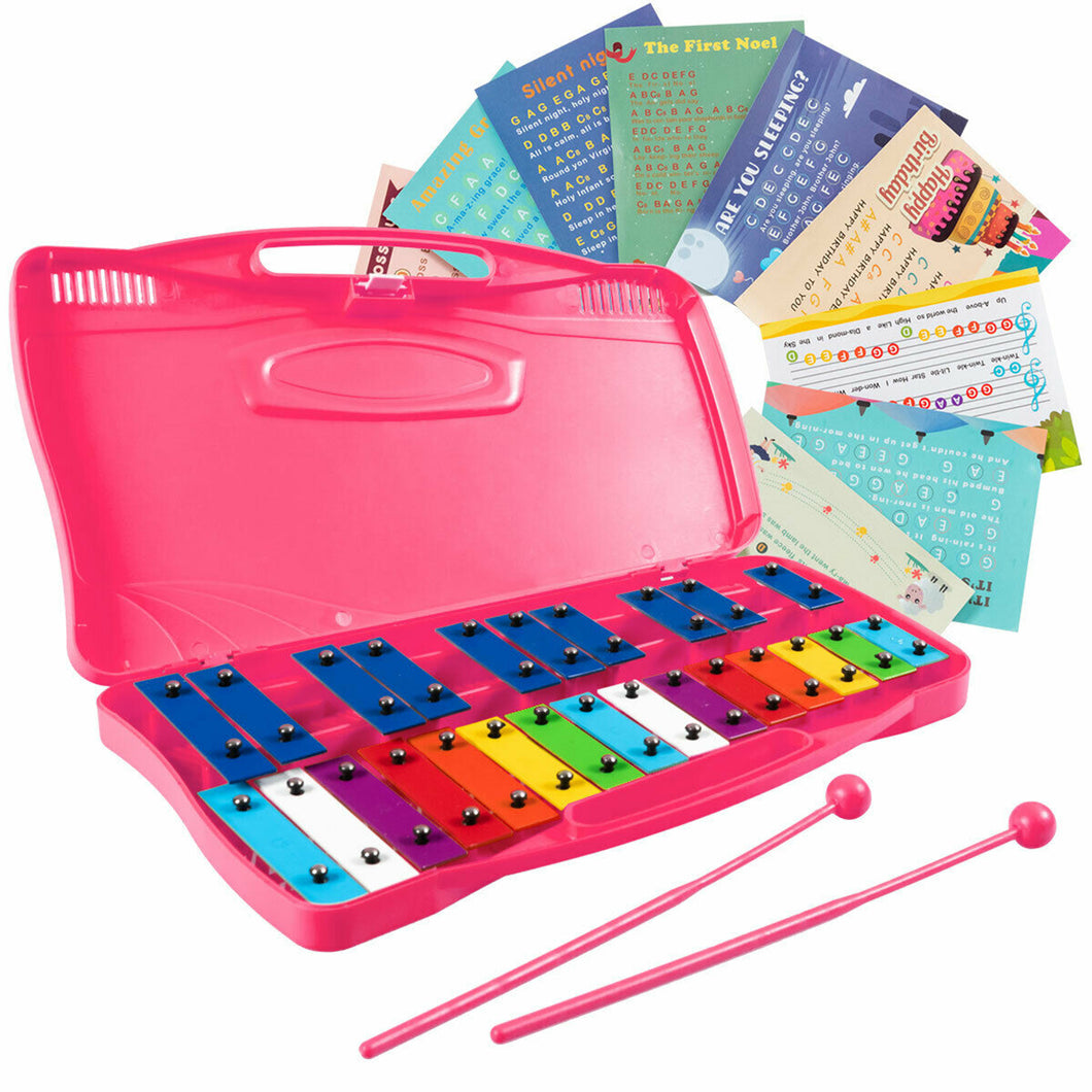 Gymax 25 Notes Kids Glockenspiel Chromatic Metal Xylophone w/ Pink Case and 2 Mallets