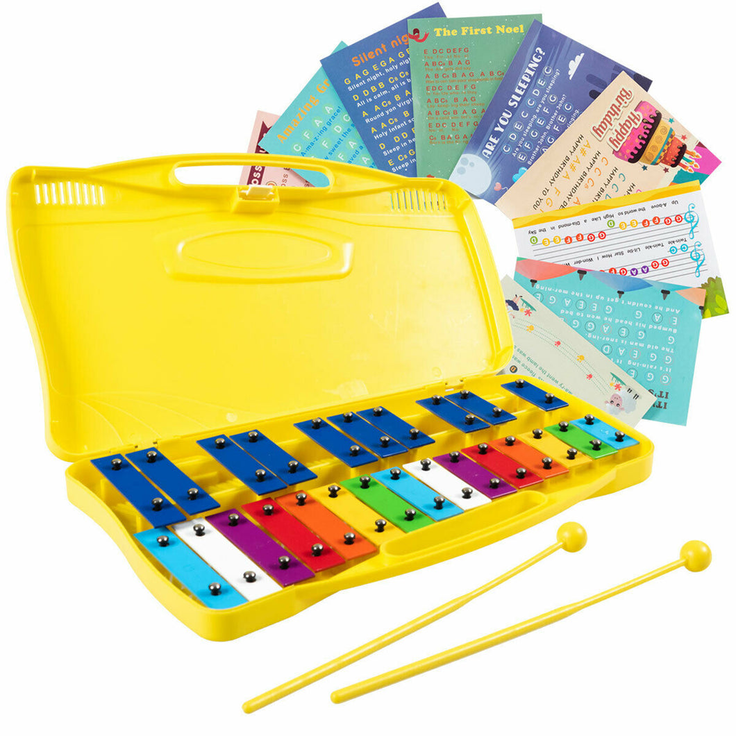 Gymax 25 Notes Kids Glockenspiel Chromatic Metal Xylophone w/Yellow Case and 2 Mallets