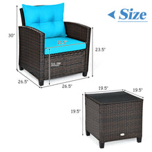 Load image into Gallery viewer, Gymax 3PCS Outdoor Patio Rattan Conversation Set w/ Coffee Table Turquoise Cushion
