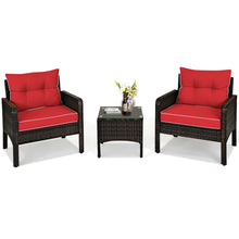 Load image into Gallery viewer, Gymax 3PCS Patio Outdoor Rattan Furniture Set w/ Coffee Table Red Cushion
