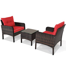 Load image into Gallery viewer, Gymax 3PCS Patio Outdoor Rattan Furniture Set w/ Coffee Table Red Cushion
