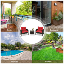 Load image into Gallery viewer, Gymax 3PCS Patio Outdoor Rattan Furniture Set w/ Coffee Table Red Cushion
