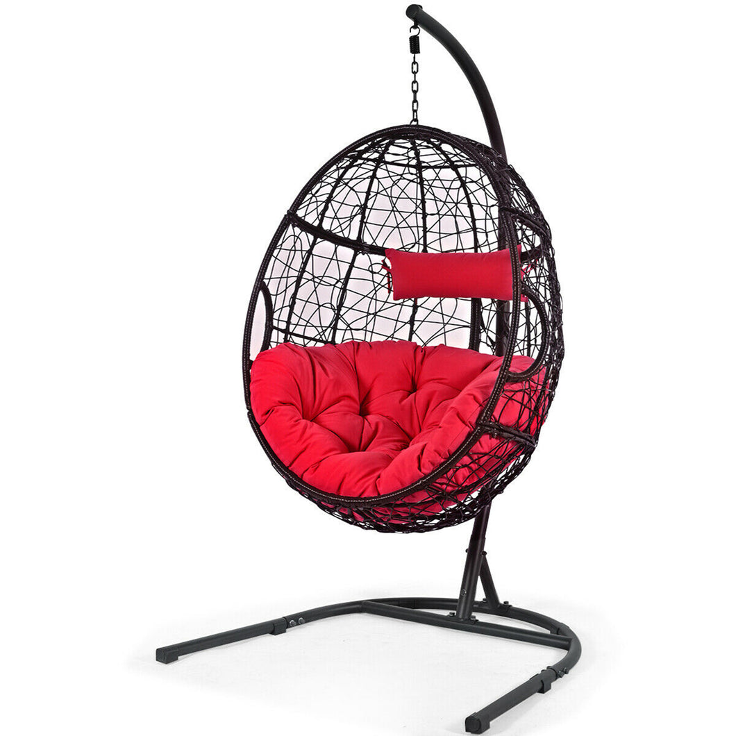 Gymax Hanging Hammock Chair Egg Swing Chair w/ Red Cushion Pillow Stand