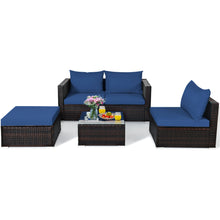 Load image into Gallery viewer, Gymax 5PCS Cushioned Rattan Patio Conversation Set w/ Ottoman Navy Cushion
