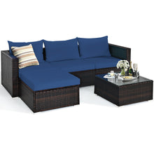 Load image into Gallery viewer, Gymax 5PCS Cushioned Rattan Patio Conversation Set w/ Ottoman Navy Cushion
